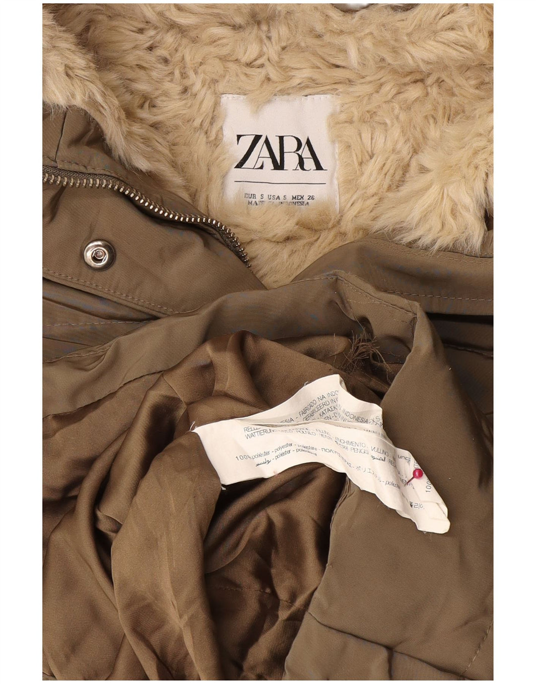 Zara Mujer Chaqueta Acolchada Sherpa Con Capucha UK 10 Small Caqui Poliéster