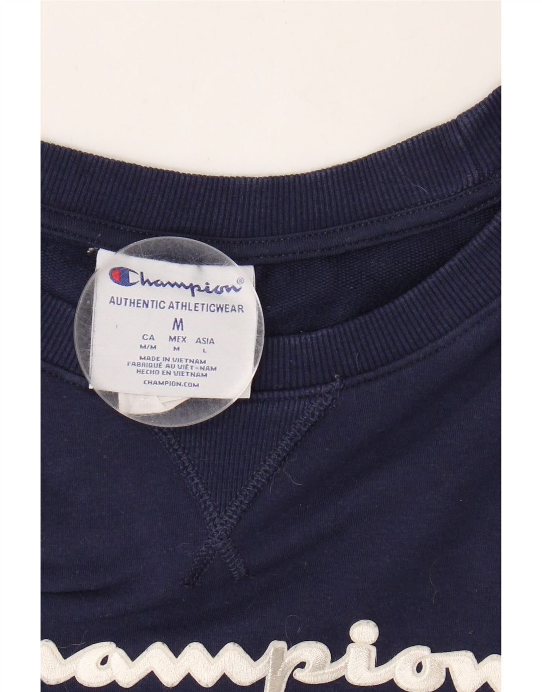 CHAMPION Womens Crop Sweatshirt Jumper UK 14 Medium Navy Blue Colourblock Vintage Champion and Second-Hand Champion from Messina Hembry 