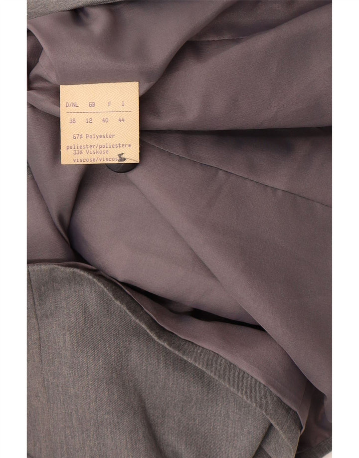 Vintage mujer 1 botón Blazer chaqueta Reino Unido 12 poliéster floral gris medio
