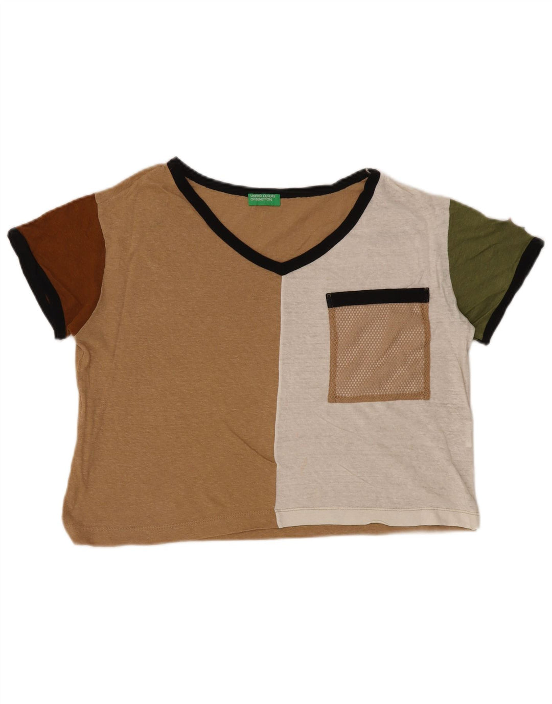 BENETTON Camiseta corta extragrande para mujer UK 6 XS Beige Colorblock