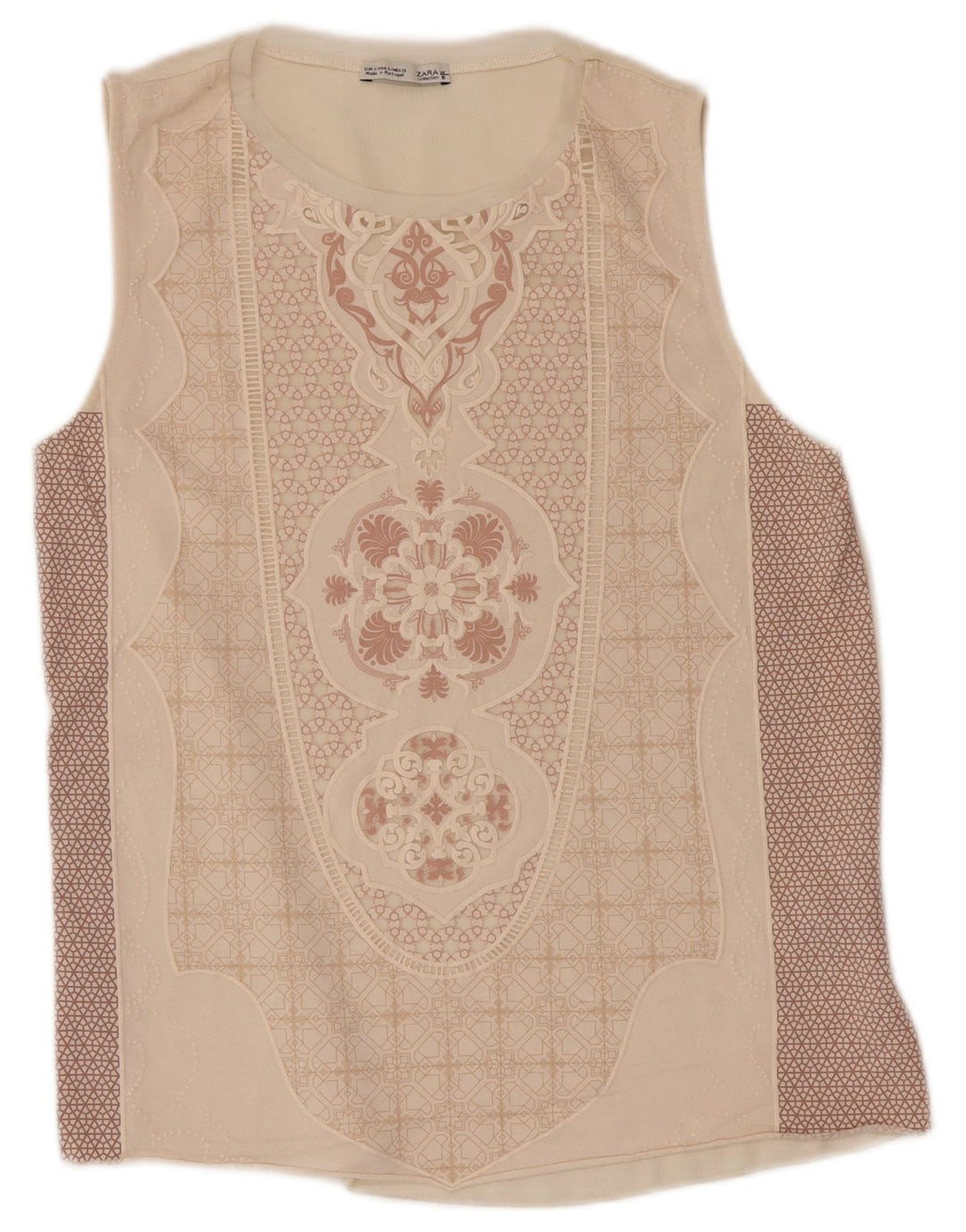 Zara Mujer Camiseta Sin Mangas Con Estampado Abstracto UK 8 Small Beige Poliéster