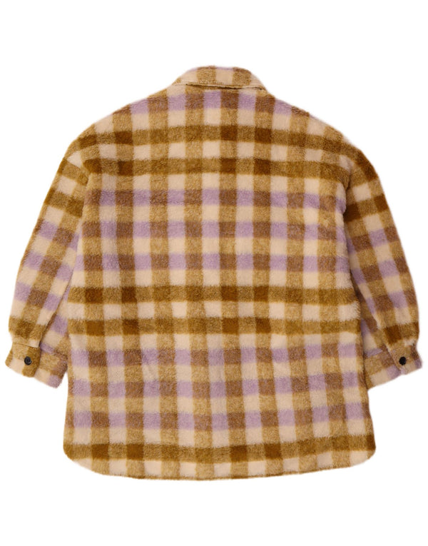 Zara Mujer Chaqueta Polar Extragrande UK 10 Pequeña Poliéster A Cuadros Beige