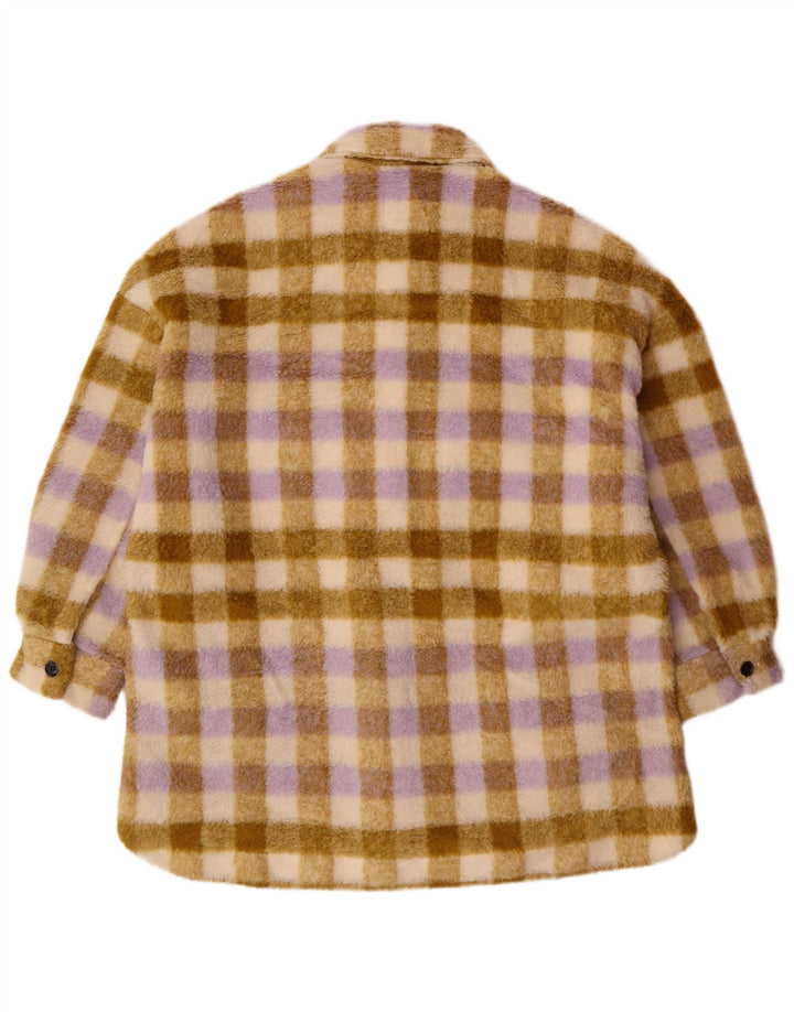 Zara Mujer Chaqueta Polar Extragrande UK 10 Pequeña Poliéster A Cuadros Beige