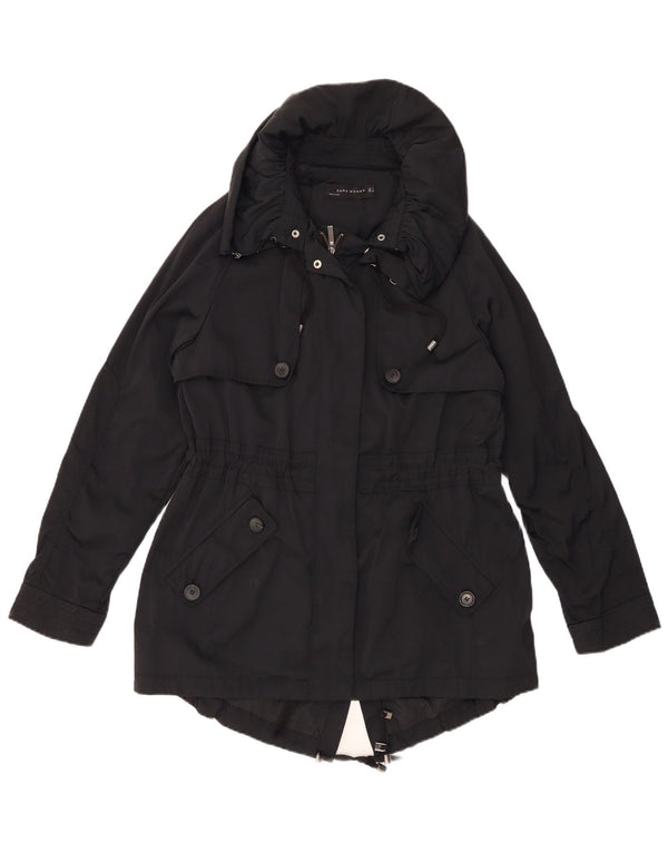 ZARA Mujer Parka Extragrande Con Capucha UK 40 Small Negro