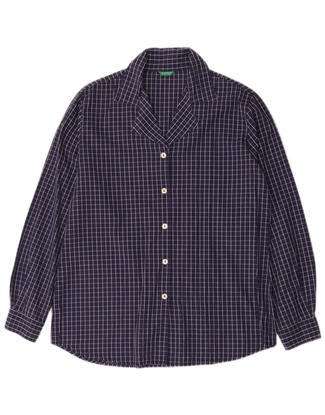 Camisa Benetton Mujer IT 44 Medium Azul Marino Cuadros Algodón