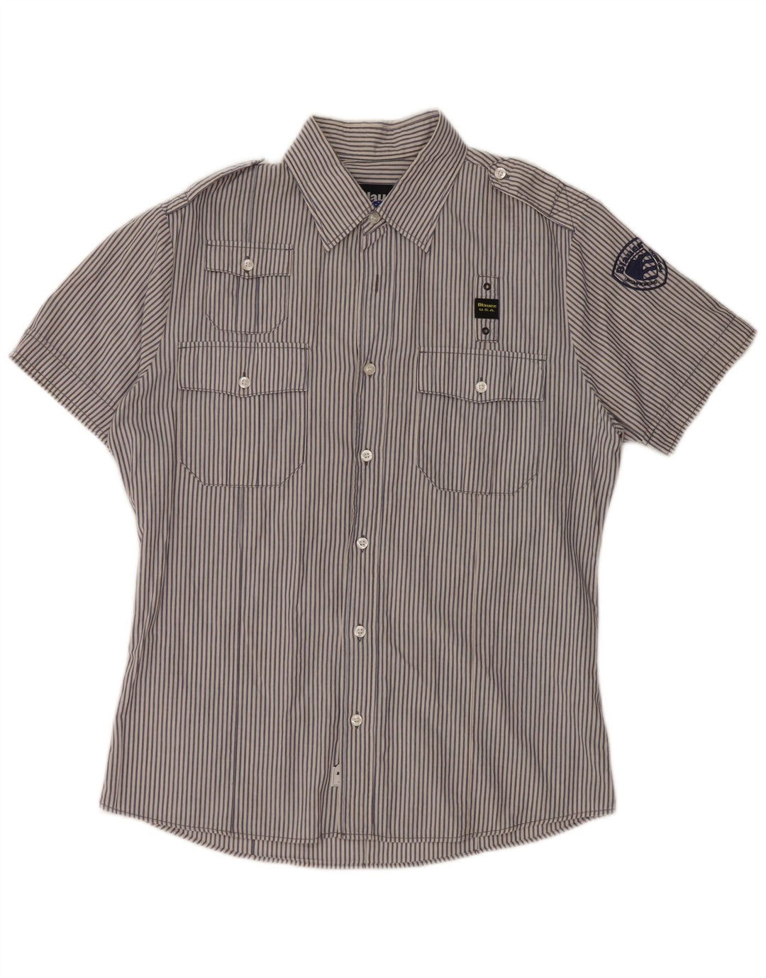 BLAUER Camisa militar de manga corta para hombre de algodón a rayas azules grandes