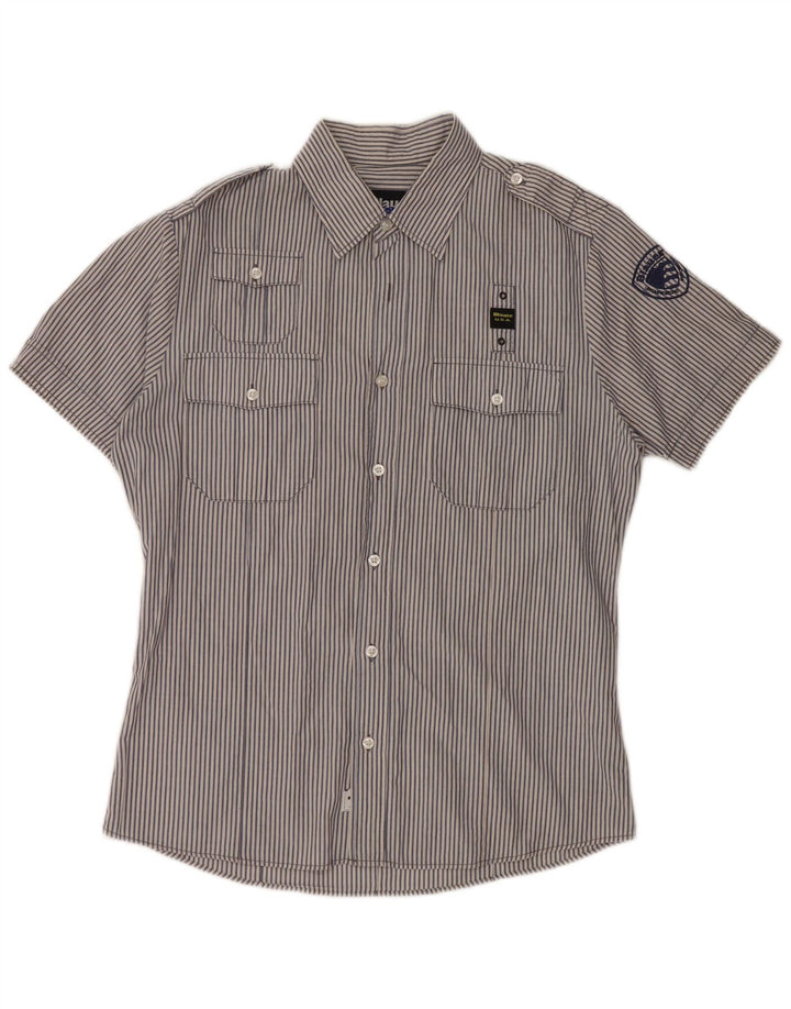 BLAUER Camisa militar de manga corta para hombre de algodón a rayas azules grandes