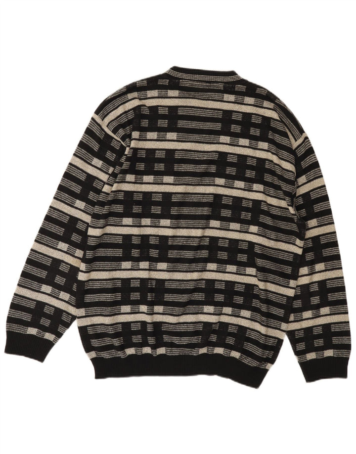 Vintage hombres cuello redondo jersey suéter Reino Unido 38/40 medio negro geométrico