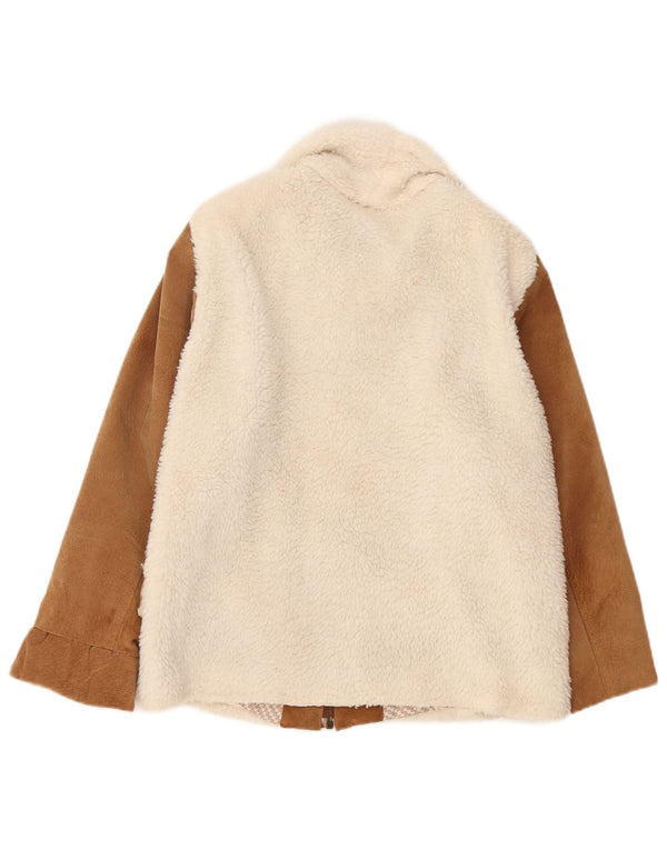 Vintage mujer cuero chaqueta de lana Reino Unido 14 medio blanco colorblock cuero