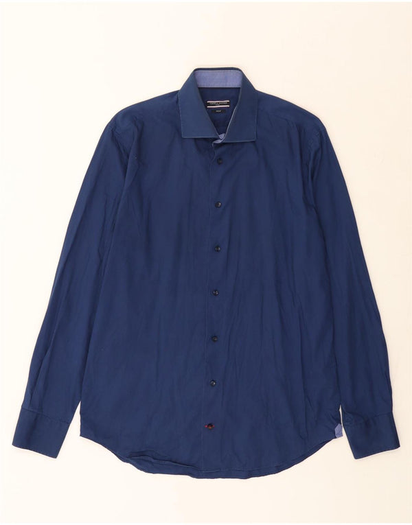 TOMMY HILFIGER Camisa ajustada para hombre Talla 40 15 3/4 Mediana Azul marino Algodón