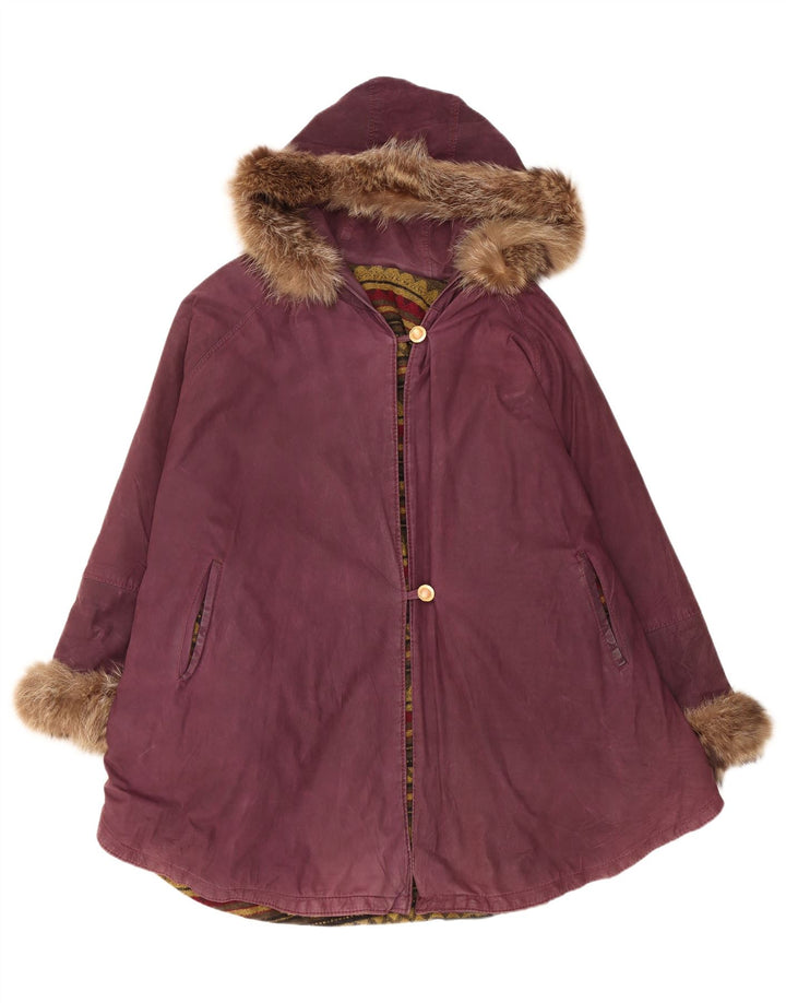 Vintage mujer con capucha cuero poncho abrigo un tamaño granate