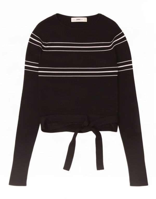 Zara Mujer Crop Boat Neck Jumper Sweater UK 8 Small Viscosa A Rayas Negras