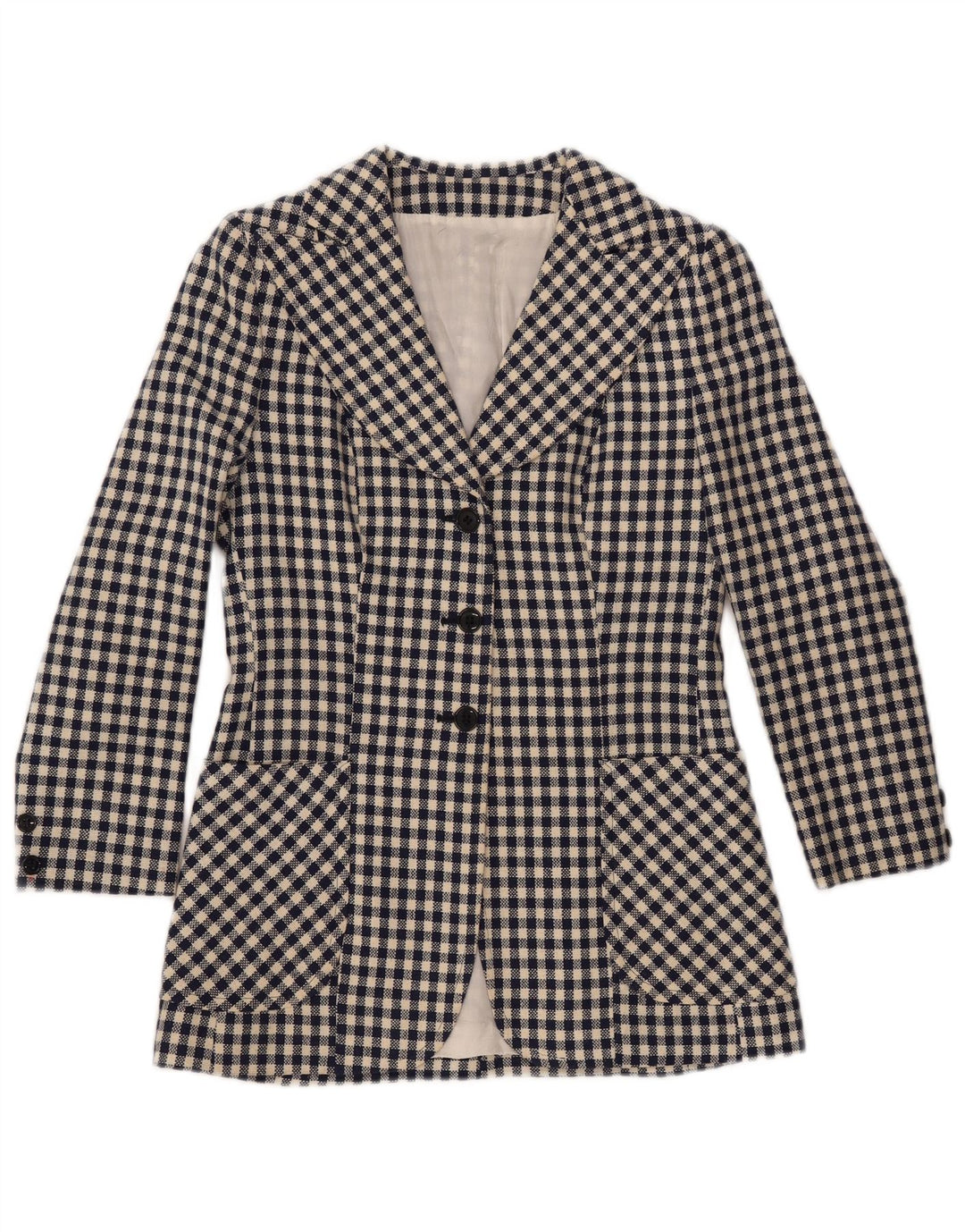 VINTAGE Mujer 3 Botones Blazer Chaqueta Reino Unido 10 Pequeño Azul Marino Gingham