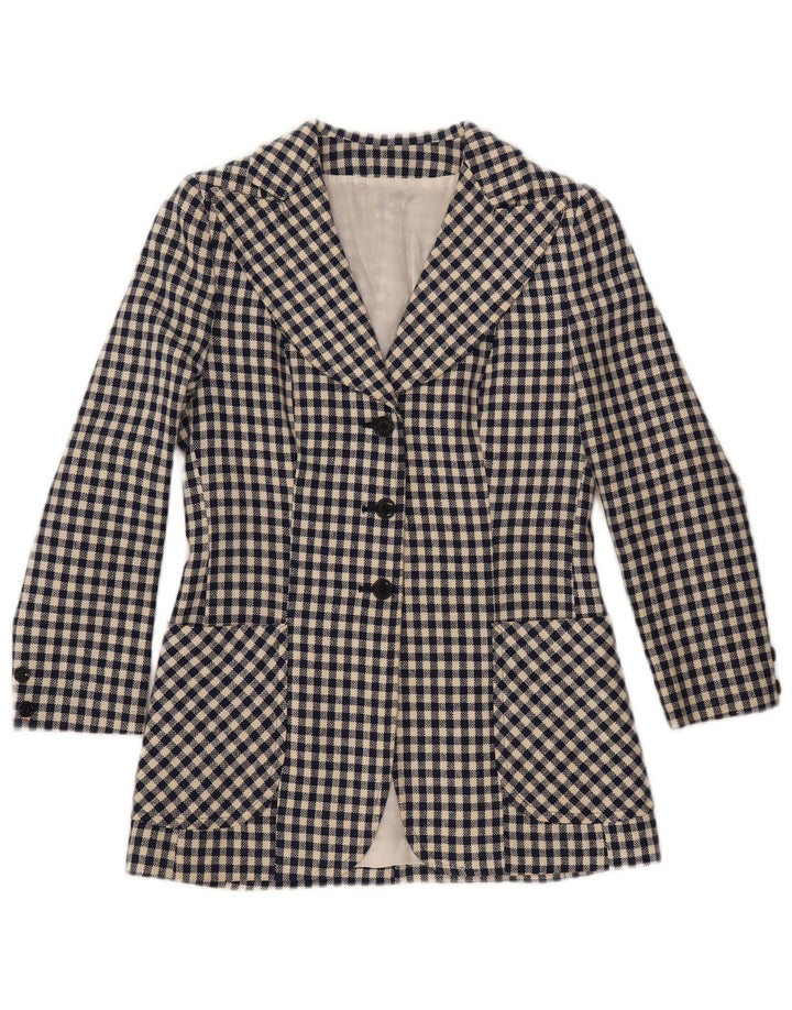 VINTAGE Mujer 3 Botones Blazer Chaqueta Reino Unido 10 Pequeño Azul Marino Gingham