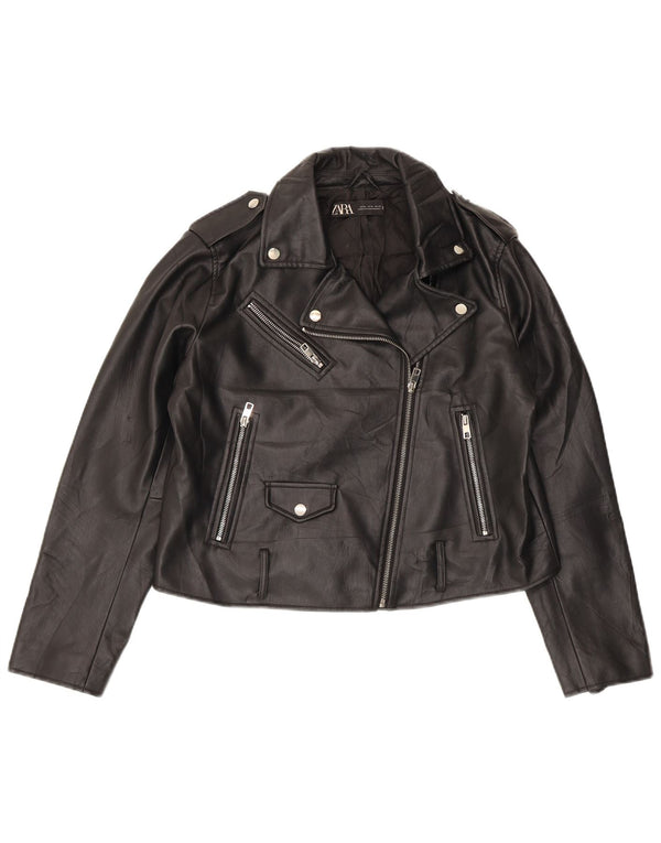 Zara Mujer Crop Chaqueta Biker De Piel Sintética UK 40 XL Poliéster Negro