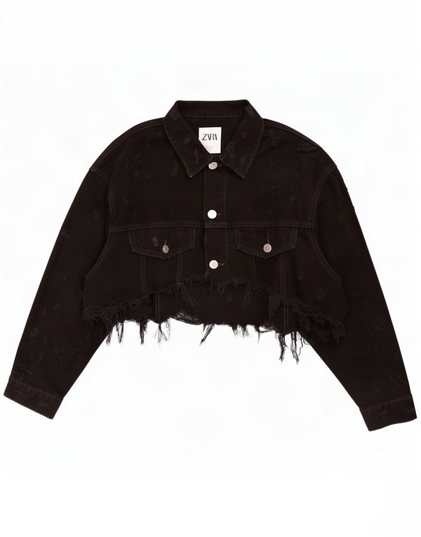 Zara Mujer Crop Denim Chaqueta Reino Unido 42 Mediano Negro