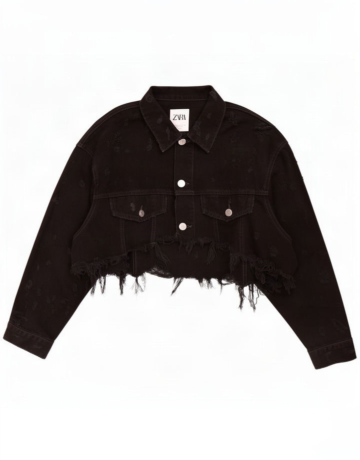 Zara Mujer Crop Denim Chaqueta Reino Unido 42 Mediano Negro