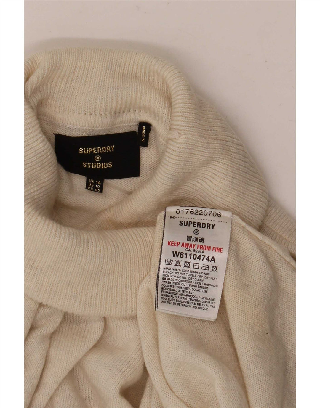 Superdry Jersey extragrande con cuello vuelto para mujer, talla 40, talla grande, lana beige
