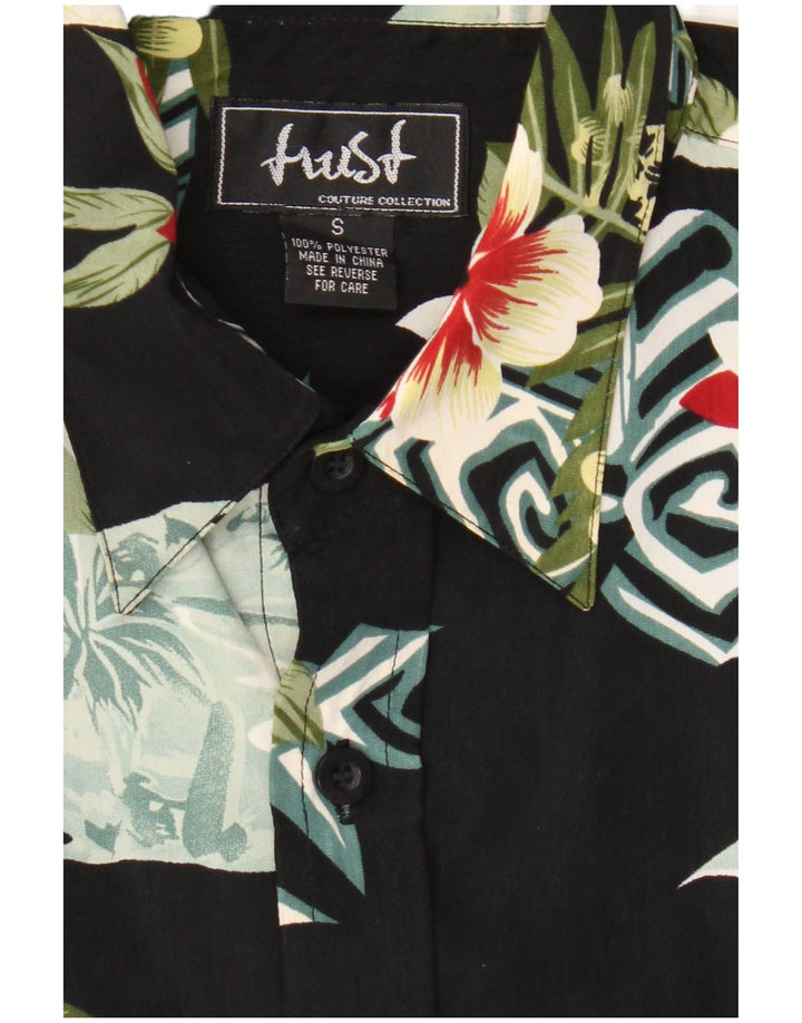 Vintage hombres camisa de manga corta pequeño negro floral poliéster hawaiano