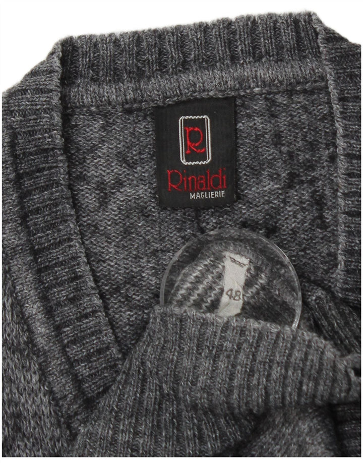 Vintage hombres V-cuello jumper suéter IT 48 gris medio Argyle/lana de diamante