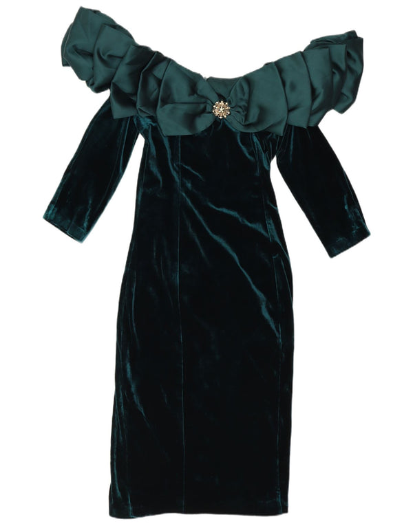 Vintage Womens 3/4 Sleeve Velvet Off Shoulder Dress US 2 XS Green