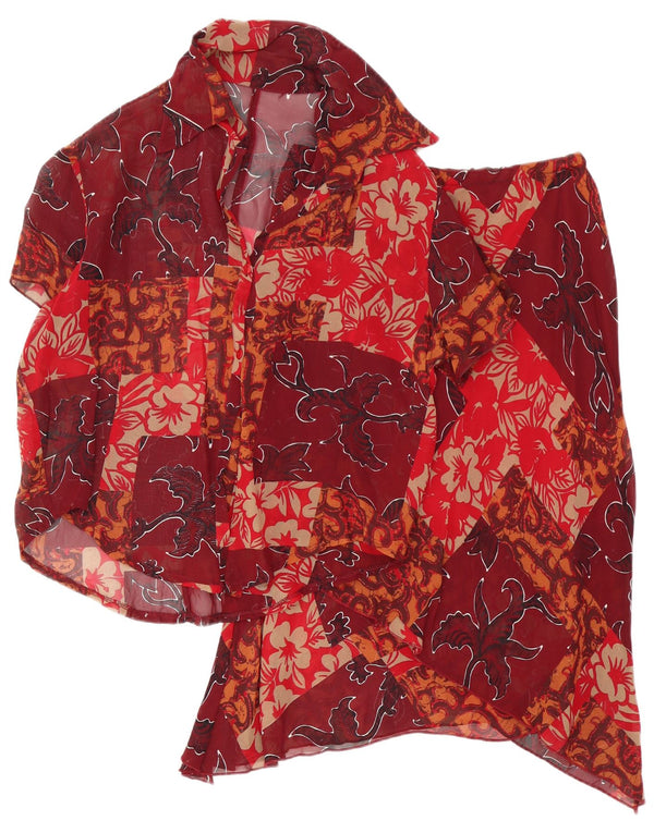 Vintage mujer 2 piezas falda set Reino Unido 12 Medio W28 Borgoña Floral