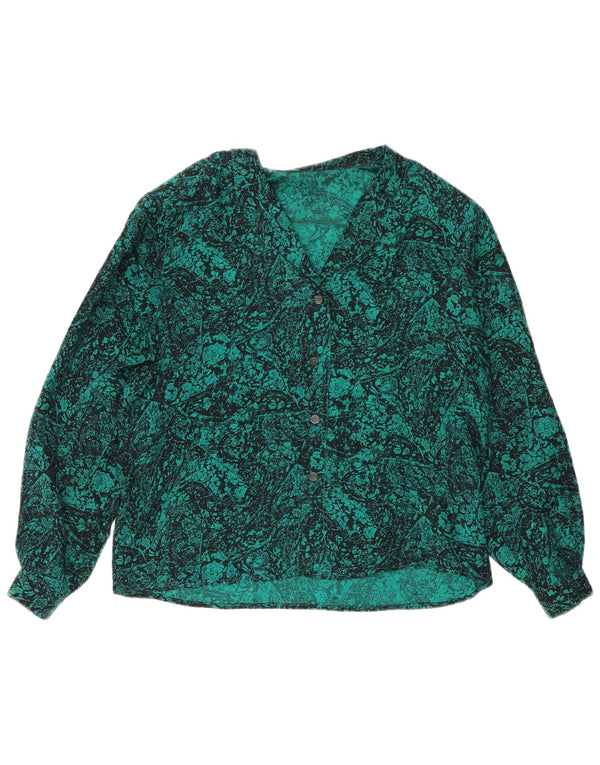 Vintage mujer patrón abstracto camisa blusa Reino Unido 16 seda verde grande