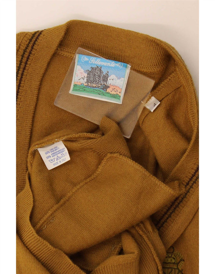 Vintage hombres sin mangas cardigan suéter medio caqui lana