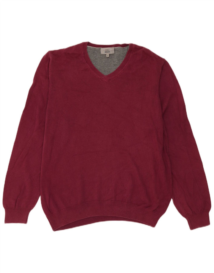 Marks & Spencer Suéter tipo jersey con cuello en V y corte regular para hombre, talla grande, color burdeos