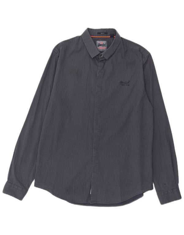 Superdry Mens Slim Fit Shirt Large Navy Blue Spotted Cotton