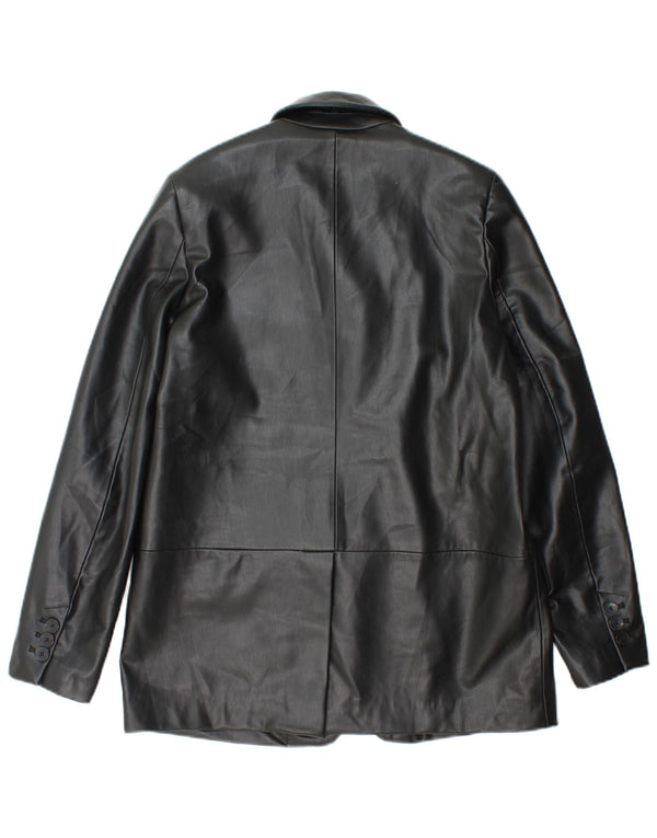 Zara Womens 1 Button Faux Leather Blazer Jacket UK 6 XS Black Polyethylene