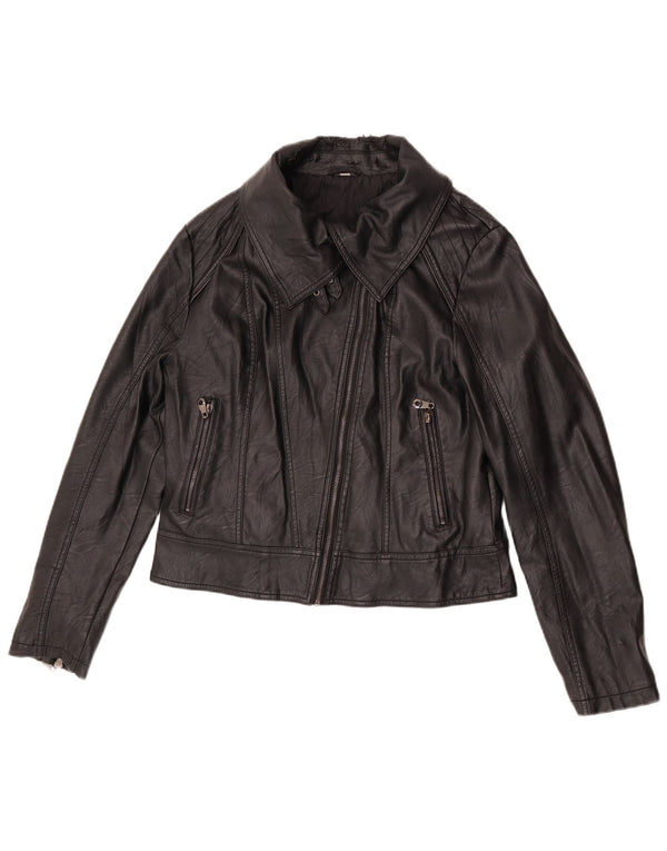 Vintage mujer piel sintética biker chaqueta Reino Unido 18 XL poliuretano negro