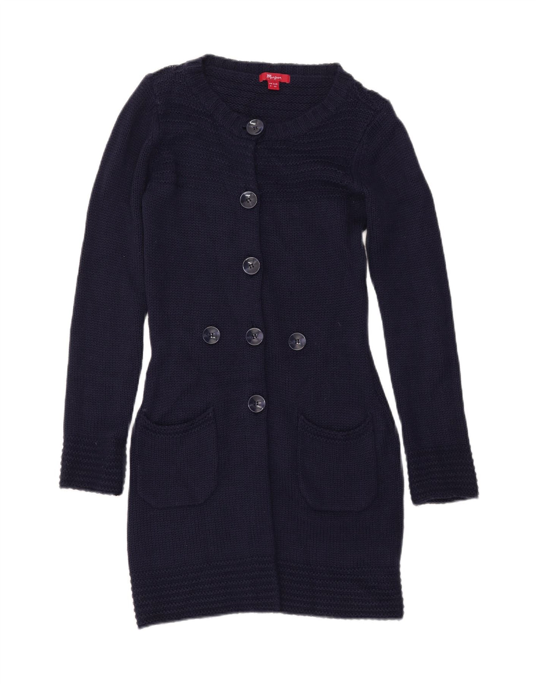 MONSOON Suéter tipo cárdigan largo para mujer UK 8 Small Azul marino Acrílico