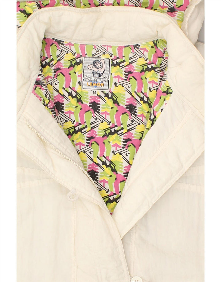 VINTAGE Chaqueta cortavientos con capucha para mujer Reino Unido 14 Poliamida blanca mediana
