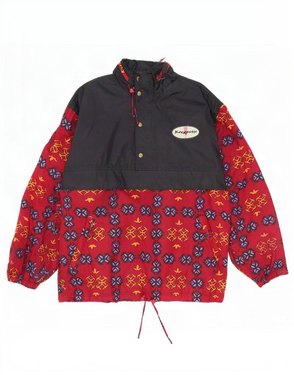Vintage hombres suelto ajuste con capucha Anorak chaqueta de lluvia Reino Unido 38 medio rojo geométrico