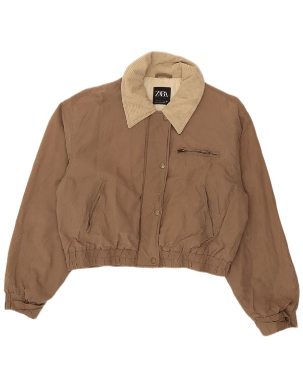 Zara Mujer Crop Bomber Jacket UK 46 Grande Algodón Marrón
