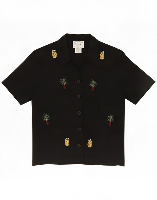 Camisa de manga corta con gráfico vintage para mujer UK 44 Medium Black Linen