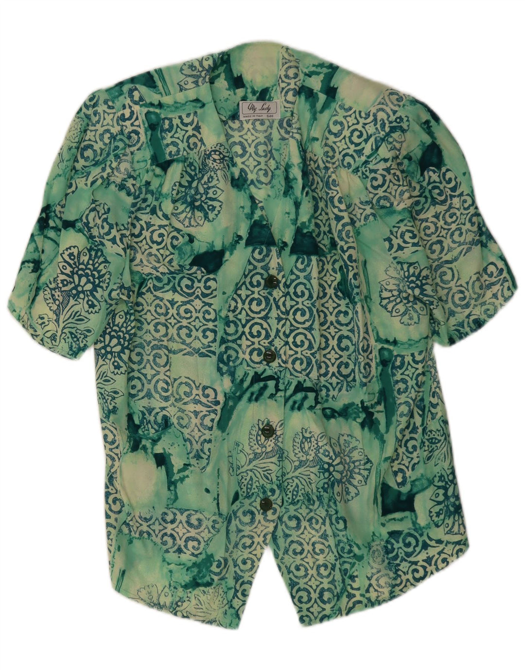 Vintage mujer camisa de manga corta blusa Reino Unido 14 patchwork verde medio