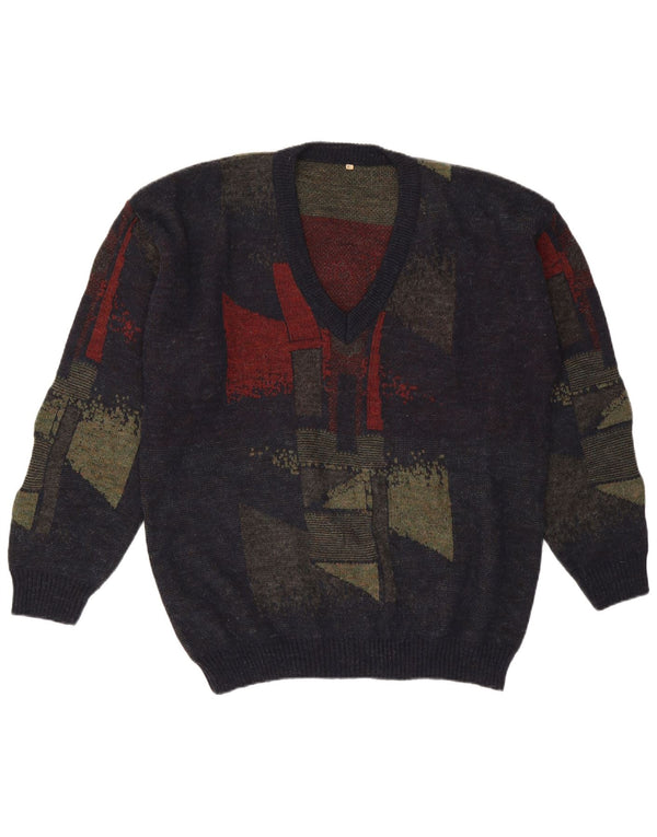 Vintage hombres V-cuello jumper suéter XL azul marino lana geométrica