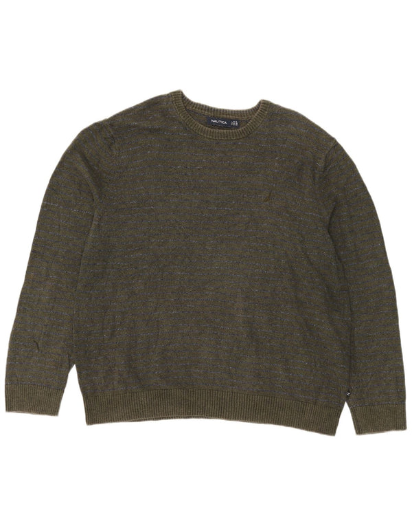 Nautica Jersey de cuello redondo para hombre, talla 2XL, algodón a rayas verdes