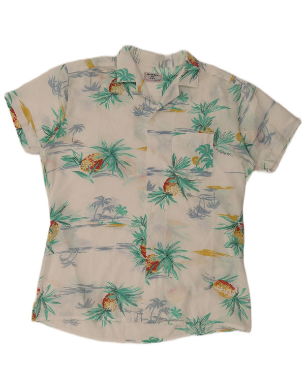 Vintage hombres camisa de manga corta medio blanco poliéster hawaiano