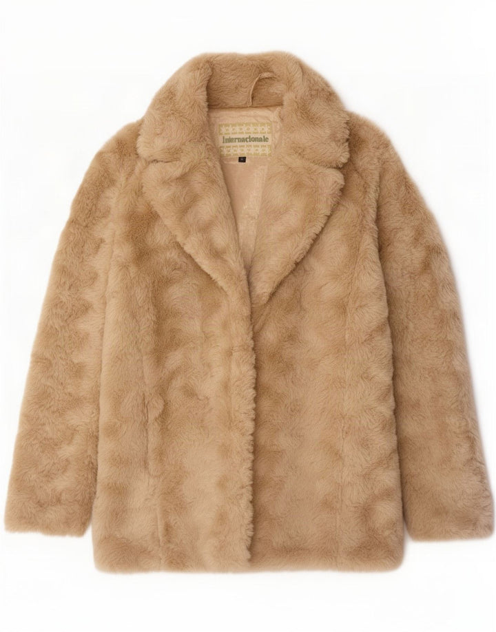 Vintage mujer oversize chaqueta de piel sintética Reino Unido 12 poliéster beige medio