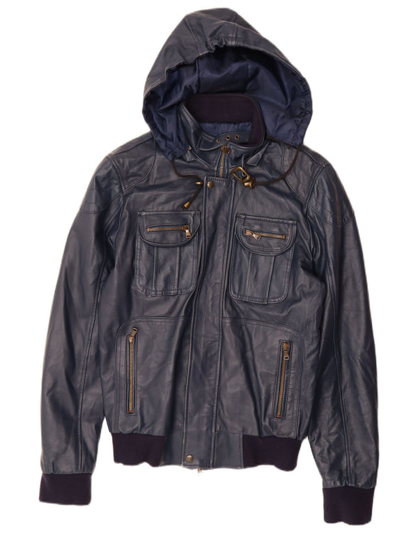 VINTAGE chaqueta de cuero con capucha para mujer Reino Unido 14 cuero azul marino grande