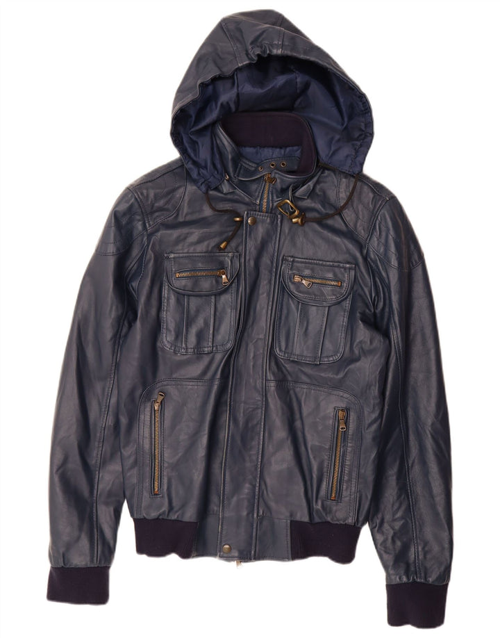 VINTAGE chaqueta de cuero con capucha para mujer Reino Unido 14 cuero azul marino grande