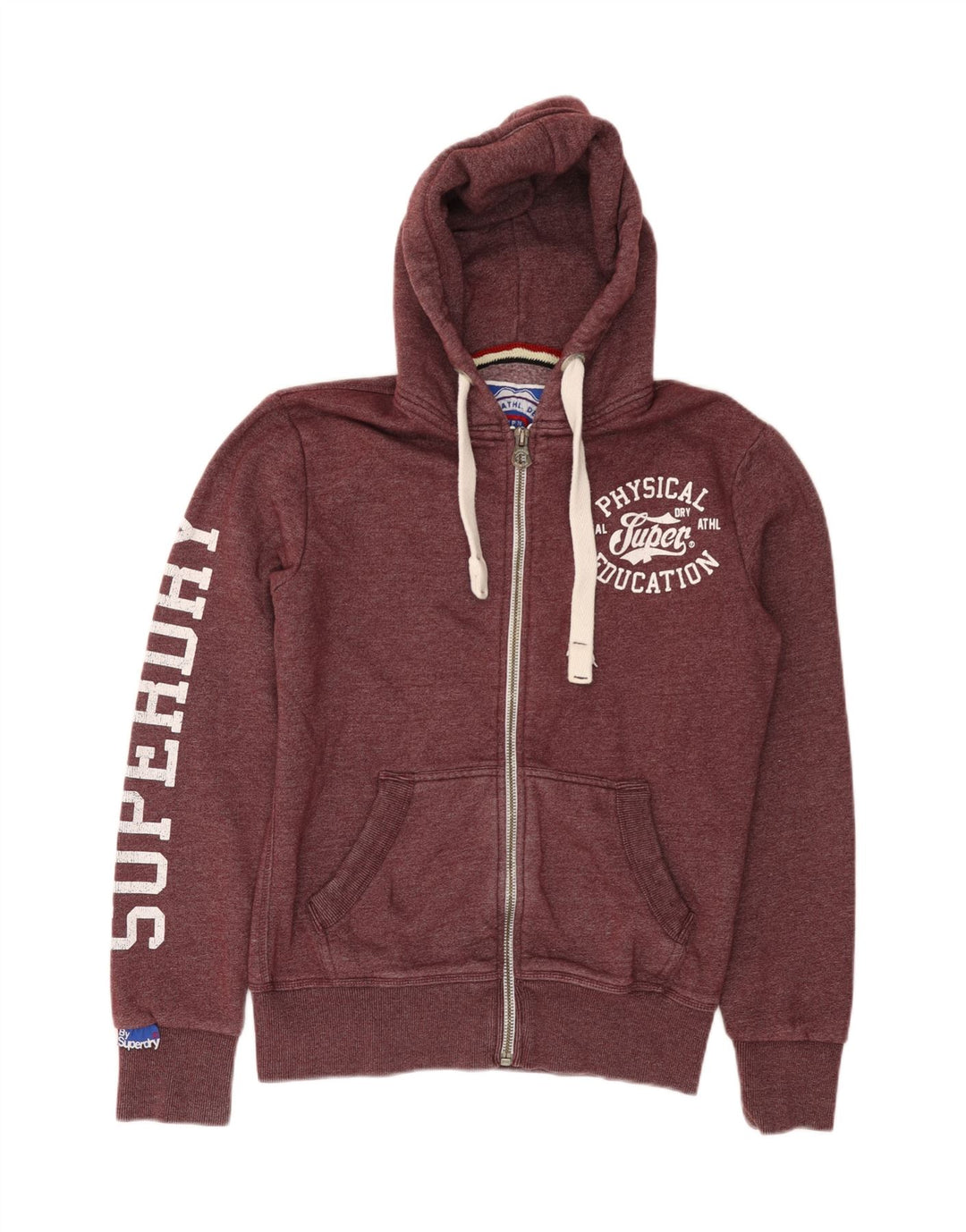SUPERDRY Suéter con capucha y cremallera gráfica para hombre pequeño de algodón burdeos
