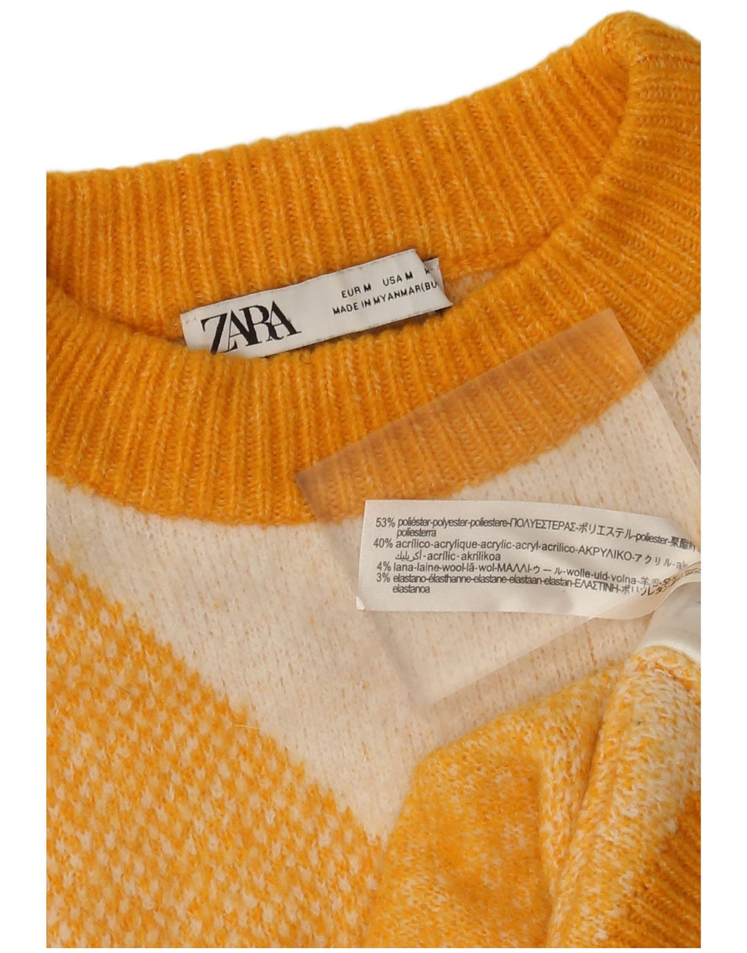 Zara - Jersey con cuello redondo para mujer, talla 40, color amarillo medio, Argyle/diamante