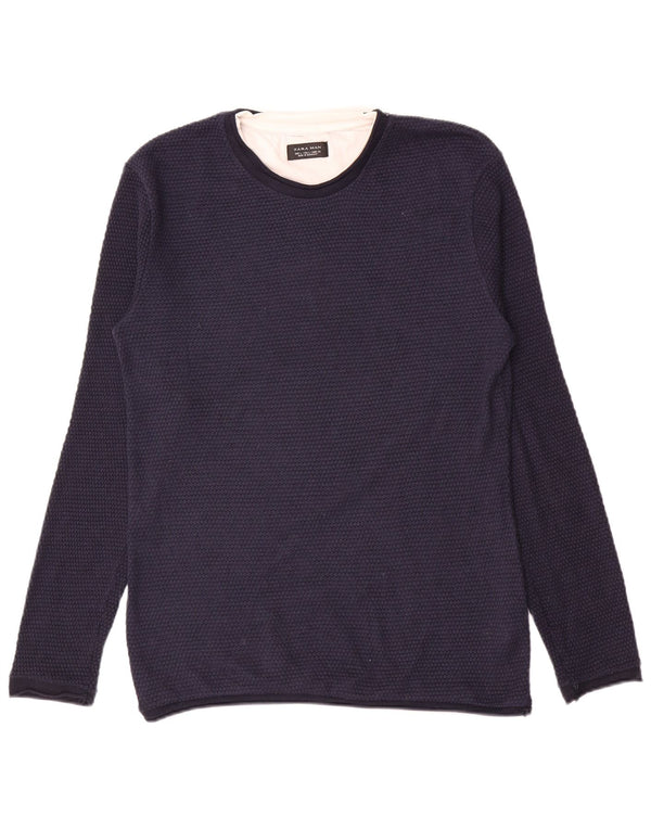 Zara Mens Crew Neck Jumper Sweater Large Azul Marino Poliéster