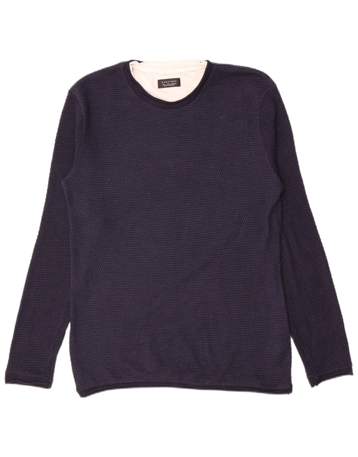 Zara Mens Crew Neck Jumper Sweater Large Azul Marino Poliéster