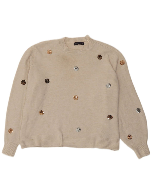 Marks & Spencer Jersey de Cuello Redondo para Mujer UK 18 XL Off White Spotted