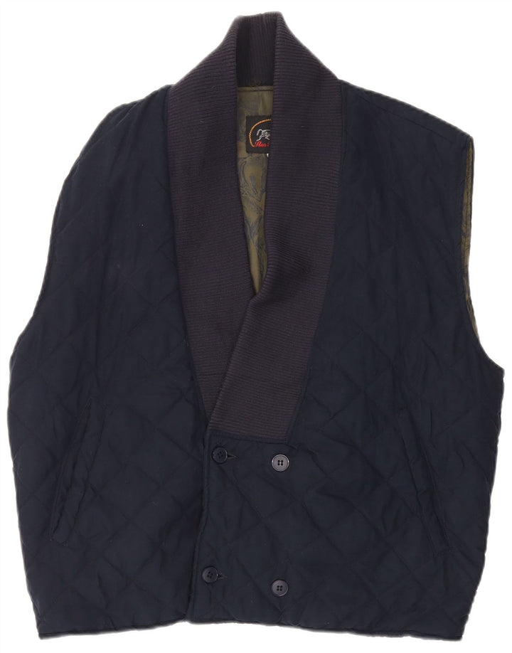 Vintage hombres doble pecho acolchado Gilet Reino Unido 40 poliéster azul marino grande